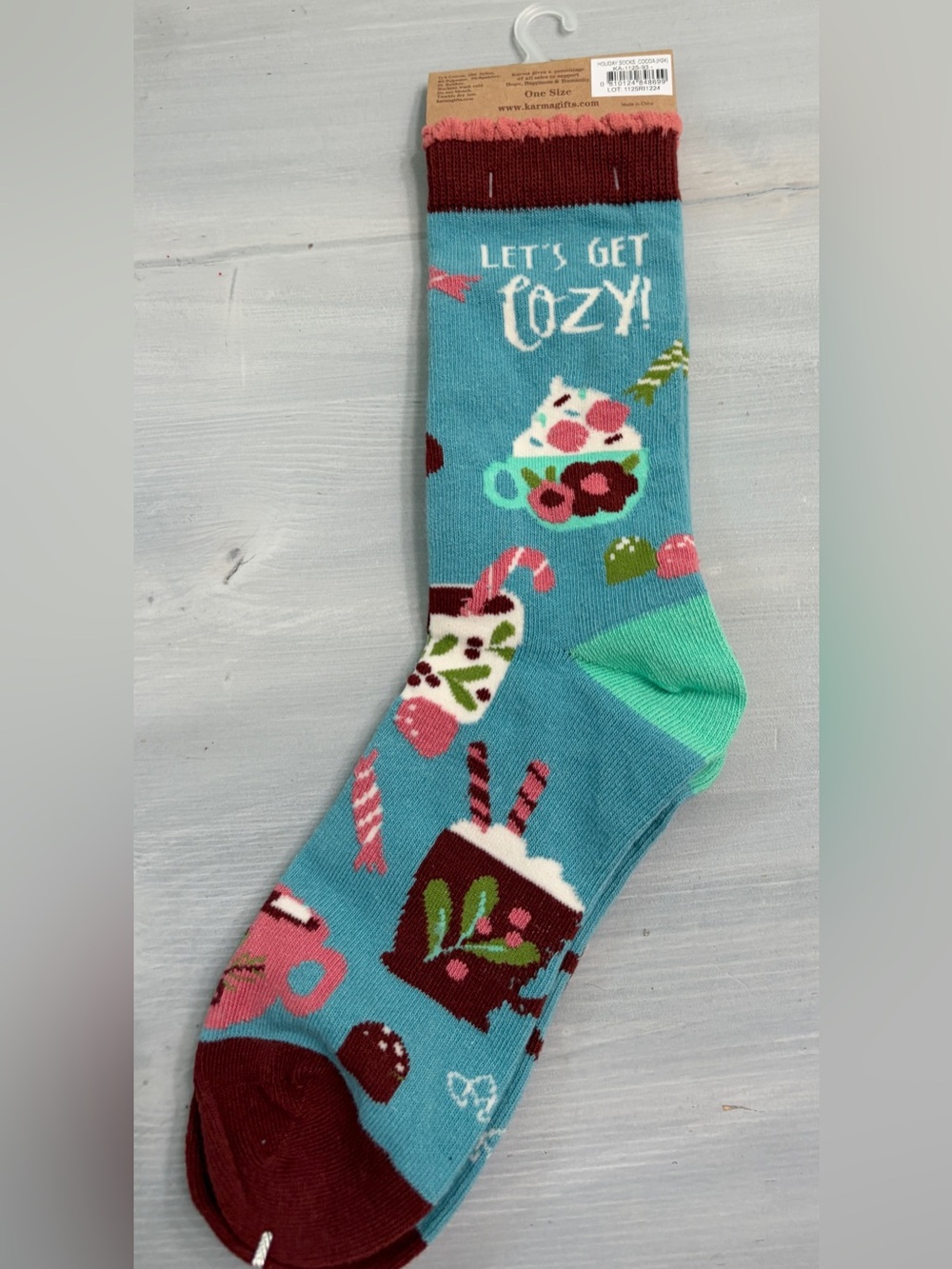 Let's Get Cozy Blue Holiday Mug Pattern Socks by Karma - Stocking stuffer